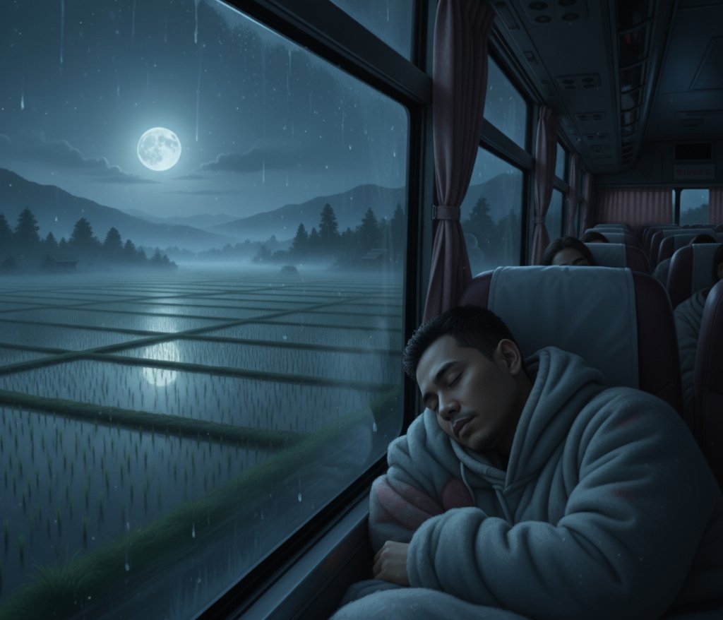 Orang melakukan perjalanan malam hari dengan naik bus.