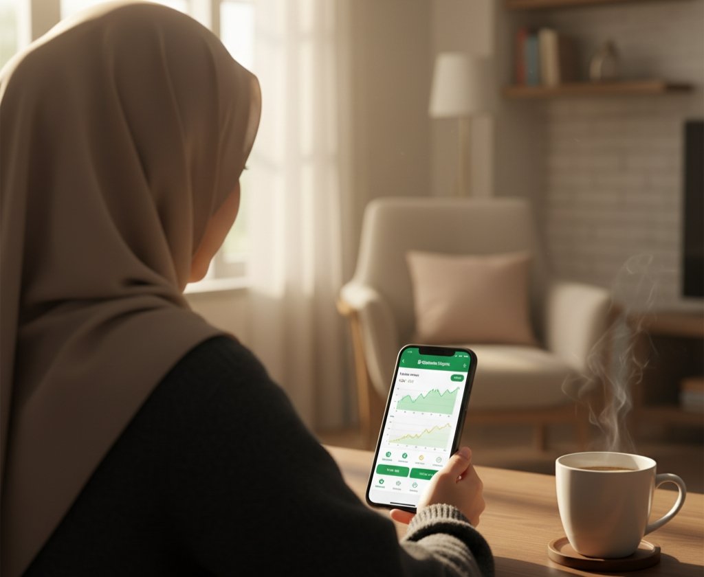 Ilustrasi seseorang melihat grafik harga tabungan emas digital.