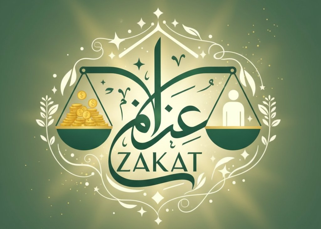 Ilustrasi zakat dengan kaligrafi Arab dan simbol timbangan keadilan sosial.