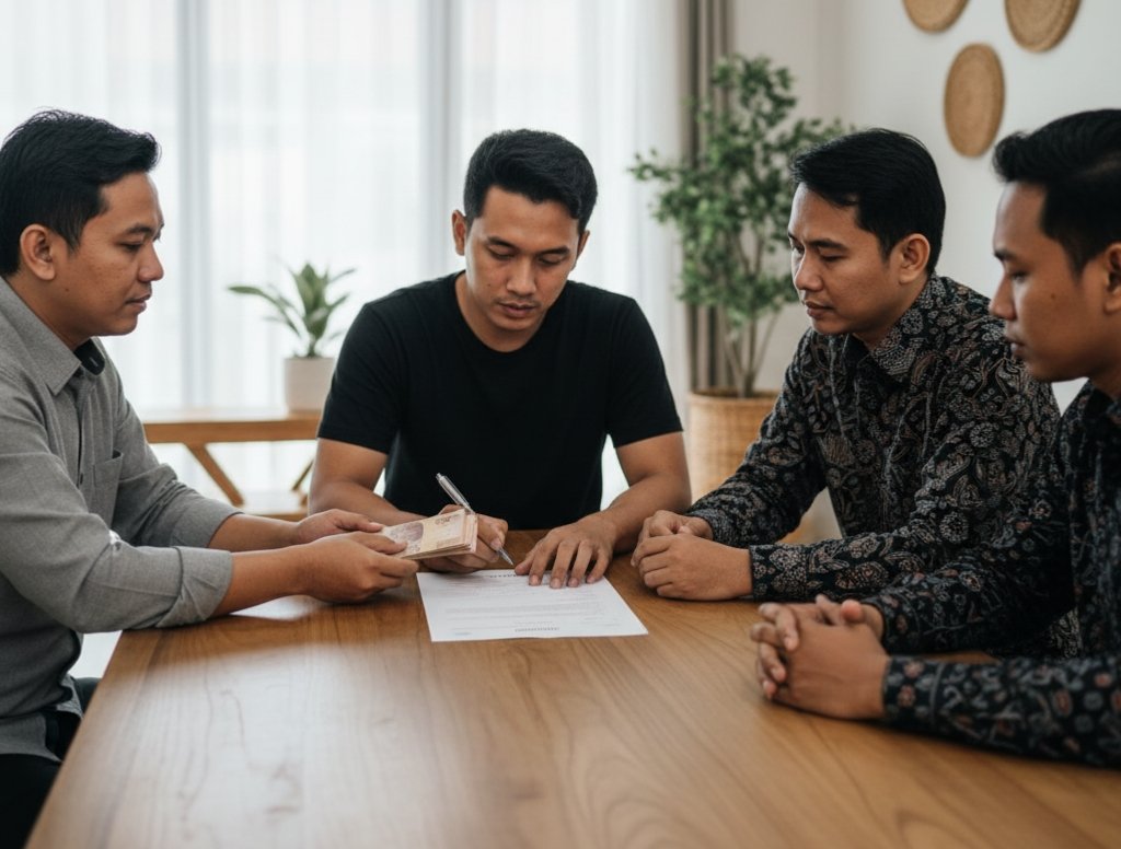 Dua orang menulis transaksi hutang piutang dan disaksikan oleh dua orang saksi laki-laki.