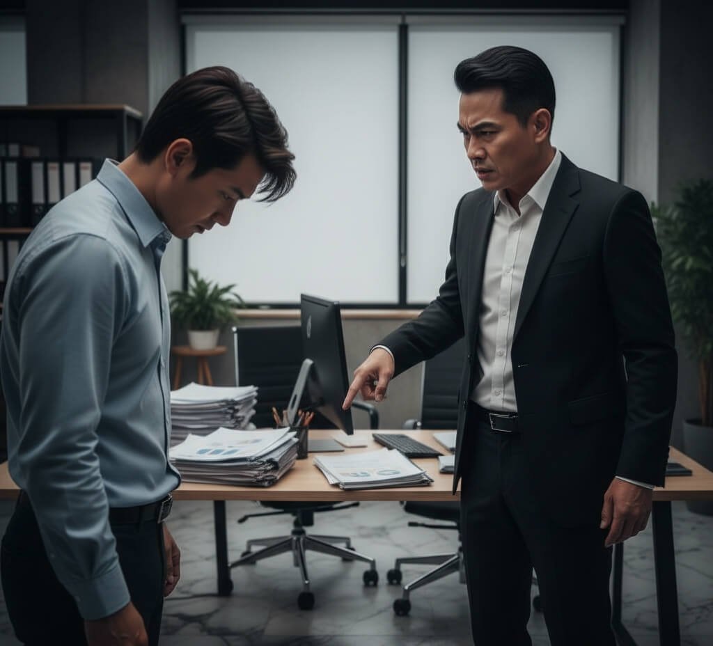 Seorang atasan sedang memarahi bawahannya.