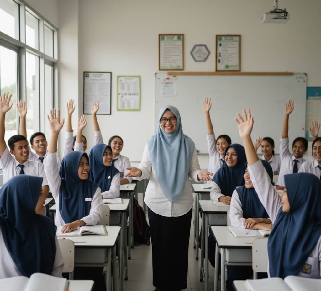 Para murid bersemangat menjawab pertanyaan Bu Guru saat membuka sesi diskusi.