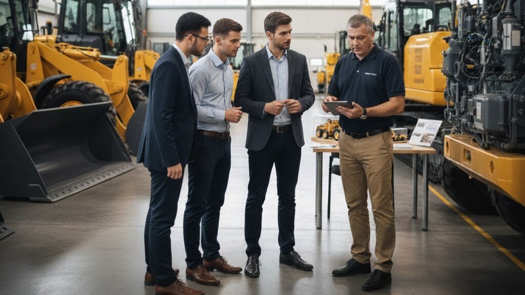 Ilustrasi gambar calon pembeli alat berat sedang melihat-lihat unit.