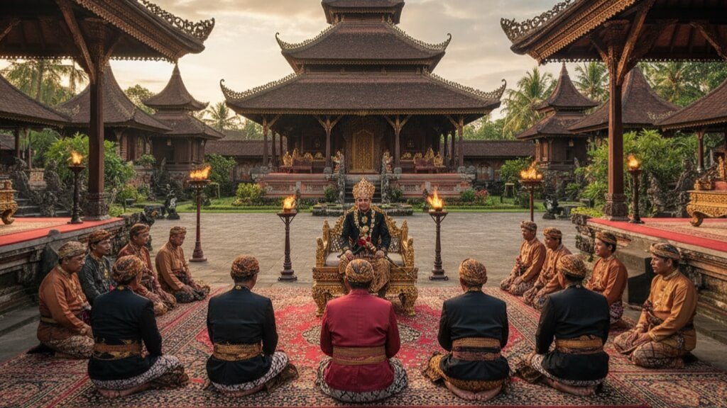 Ilustrasi gambar Raja sedang melakukan pertemuan di pendopo depan istananya.