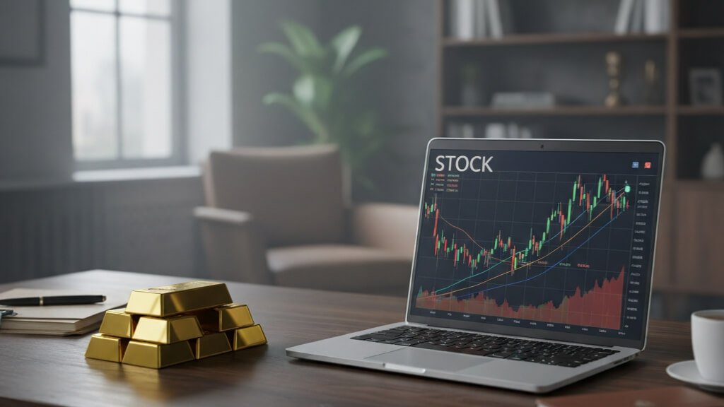 Ilustari gambar emas dan grafik harga saham. Emas sebagai pondasi sebelum investasi saham.