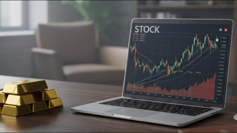 Ilustrasi gambar emas dan grafik saham.