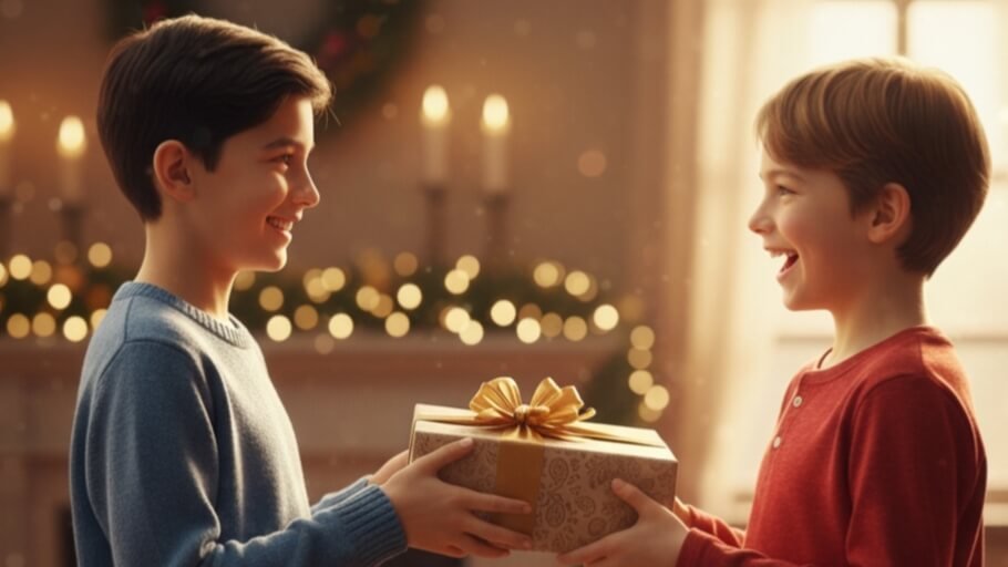 Ilustrasi anak memberi hadiah dengan senyum bahagia.