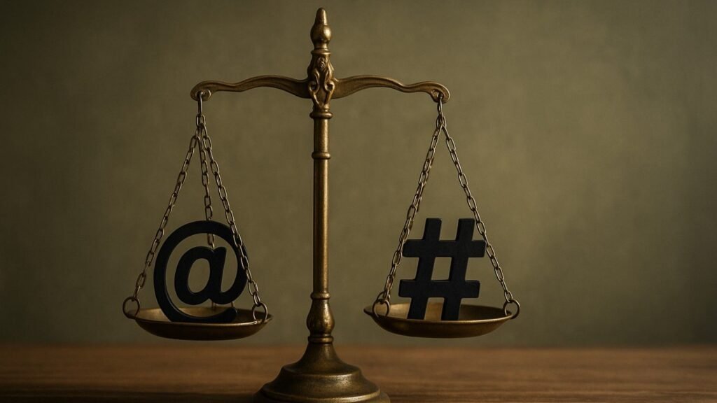 Timbangan keadilan dari kuningan dengan simbol @ dan hashtag di kedua sisinya, menunjukkan keseimbangan keadilan di era digital. Fotografi 16:9 dengan pencahayaan hangat dan latar sederhana