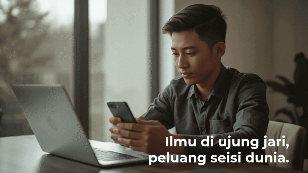 Seorang pemuda sedang belajar melalui laptop dan ponsel di meja kerja, menggambarkan kemudahan akses ilmu dan peluang ekonomi di era digital.