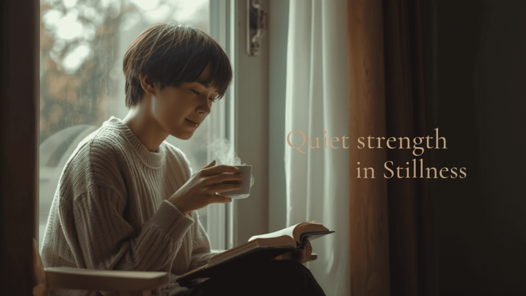 Seorang pribadi pendiam duduk dekat jendela dengan cahaya lembut, terlihat tenang dan hangat, menggambarkan sosok introvert yang sering diam-diam dikagumi