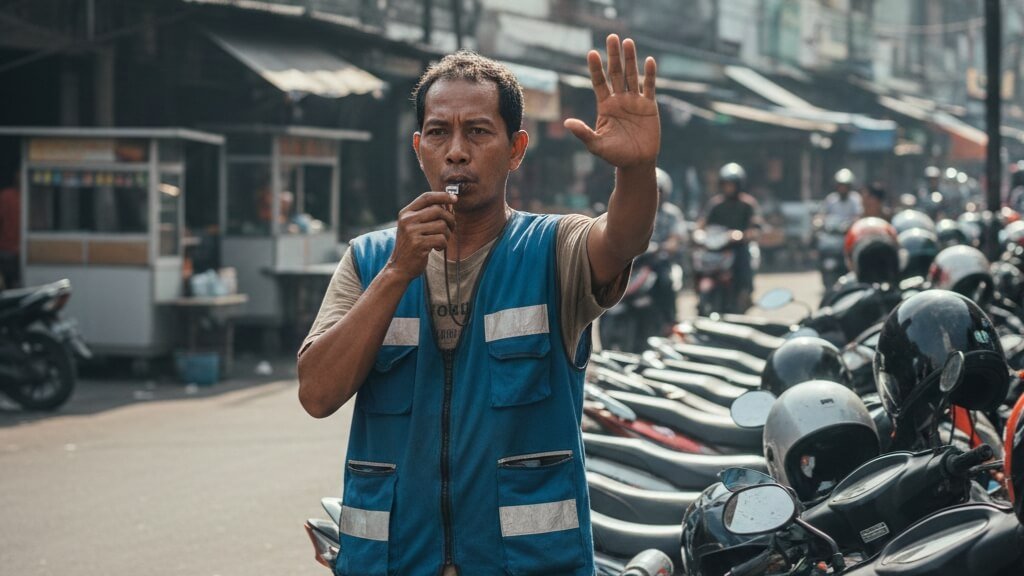 Tukang parkir sedang mengatur kendaraan di area pasar yang ramai, mengenakan rompi biru dan meniup peluit untuk mengarahkan motor.
