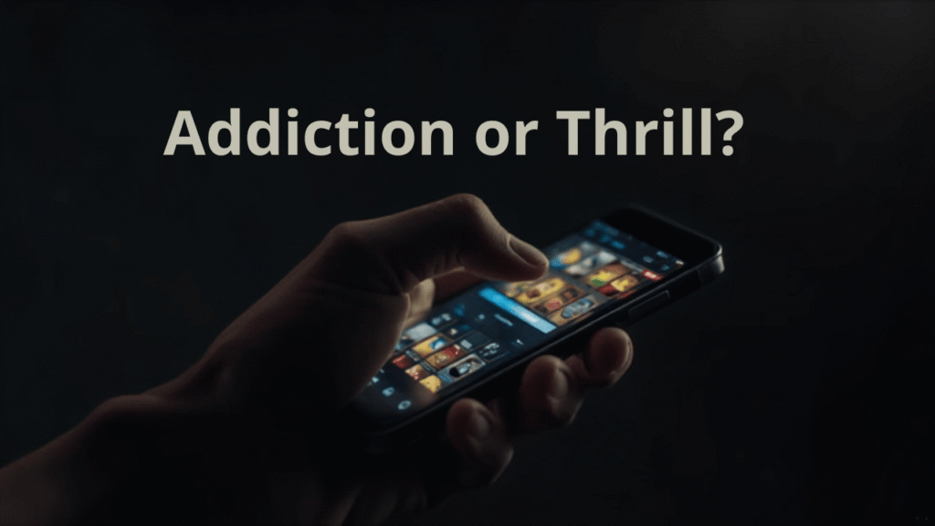 Tangan memegang smartphone yang menampilkan aplikasi judi online, menggambarkan bagaimana aktivitas judi digital berlangsung secara tersembunyi dan sulit dilacak oleh penegak hukum