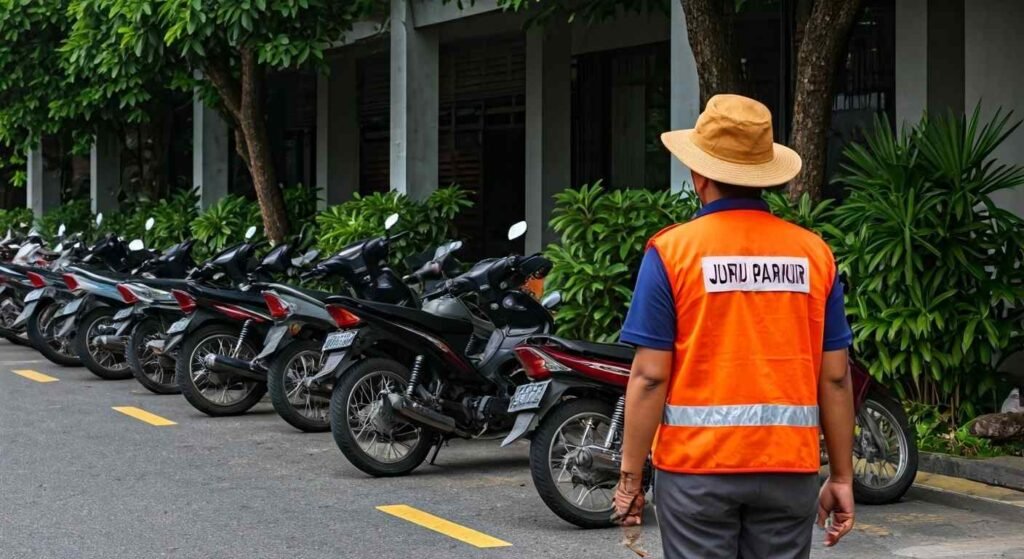 Seseorang sedang menjaga lahan parkir