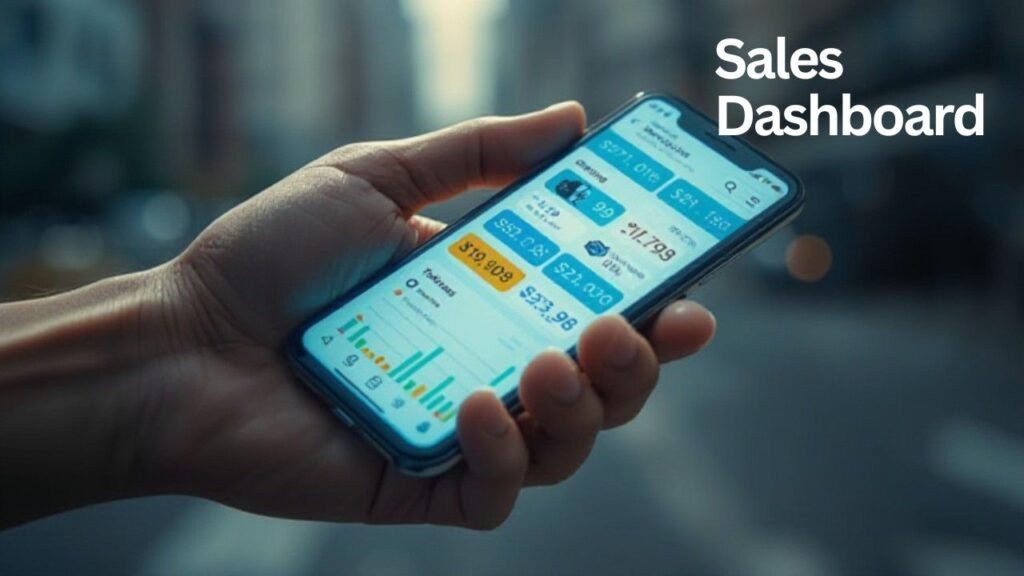 Tangan memegang smartphone yang menampilkan dashboard penjualan digital, menggambarkan dampak ekonomi digital dan internet terhadap usaha kecil.