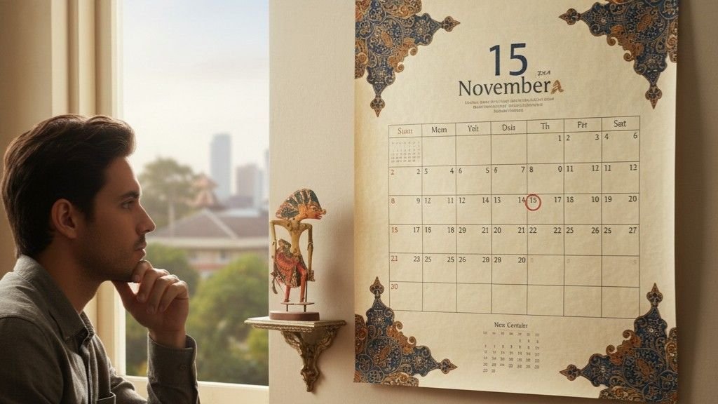 Seorang pria sedang merenung sambil melihat kalender tradisional Jawa yang menampilkan tanggal dan ornamen batik, menggambarkan refleksi modern terhadap weton dan budaya Jawa.