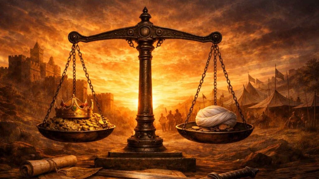Timbangan kuno dengan mahkota dan emas di satu sisi serta sorban sederhana di sisi lain, berlatar kastil dan tenda militer, melambangkan perbandingan kekuasaan dan kesederhanaan kepemimpinan.