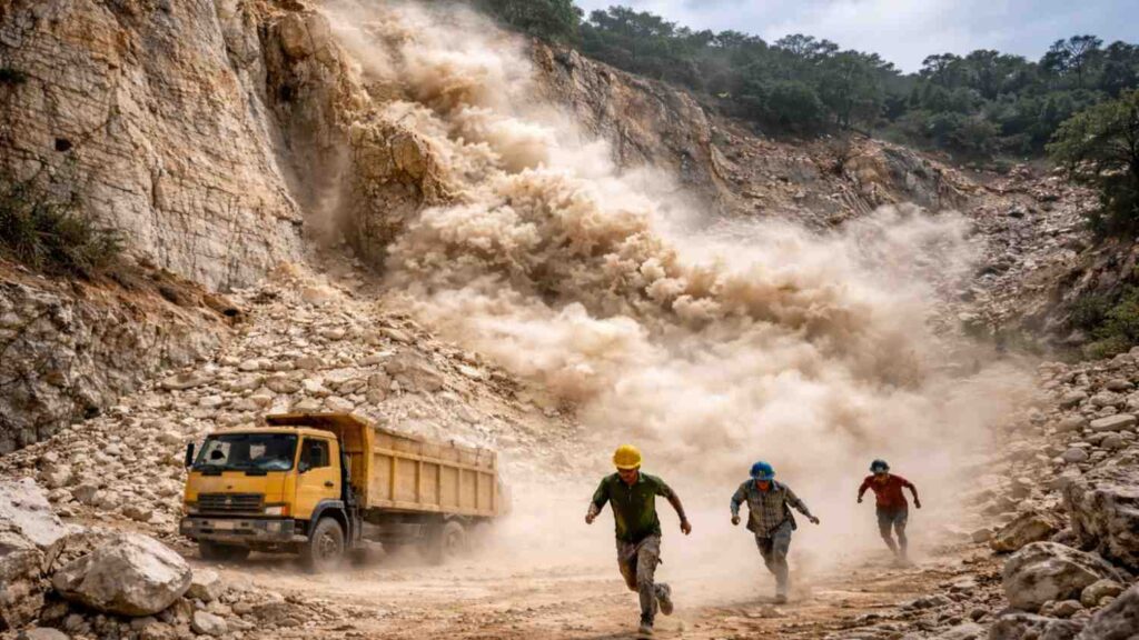 Pekerja tambang berlari menghindari longsoran material.
