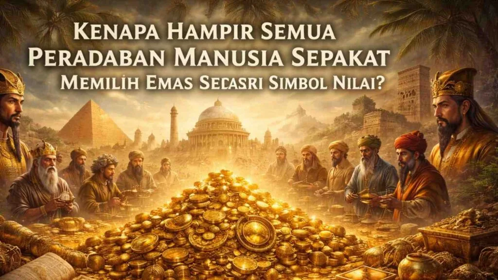 Ilustrasi tumpukan emas berupa koin, perhiasan, dan artefak kuno yang dikelilingi tokoh dari berbagai peradaban dunia, menggambarkan emas sebagai simbol nilai universal dalam sejarah manusia.
