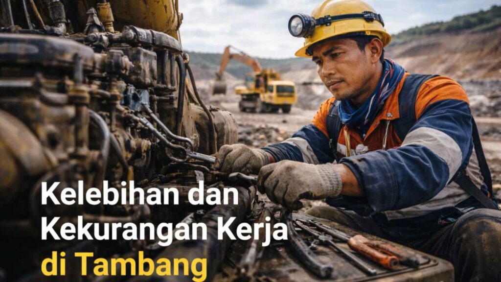 Pekerja tambang sedang memperbaiki mesin.